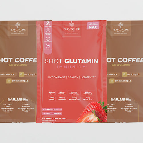 Amostra 2 sachê shot coffee + 1 Sachê shot glutamin immunity (Sabor morango)