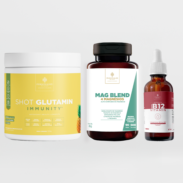 Trio que transforma - Shot Glutamin Immunity (Sabor Abacaxi), Vitamina B12, Mag blend