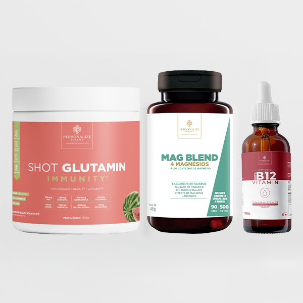 Trio que transforma - Shot Glutamin Immunity (Sabor Melancia), Vitamina B12, Mag blend