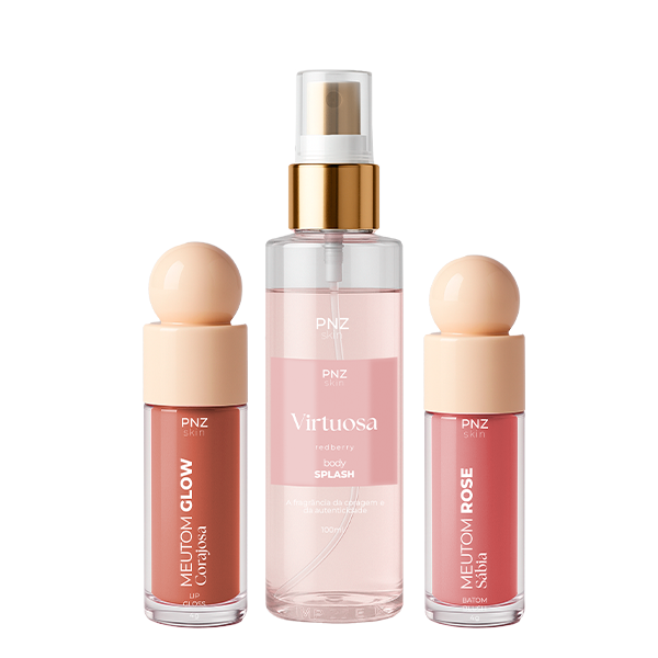 Combo Linha PNZ Skin Essencial (Virtuosa/Rose) - Body Splash Virtuosa - Redberry, Meutom Rose Sábia - Batom líquido, sombra e Blush, Meutom Glow Corajosa - Gloss Labial