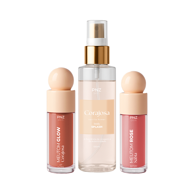 Combo Linha PNZ Skin Essencial (Corajosa/Rose)- Body Splash Corajosa - Vanilla Flower, Meutom Rose Sábia - Batom líquido, sombra e Blush, Meutom Glow Corajosa - Gloss Labial