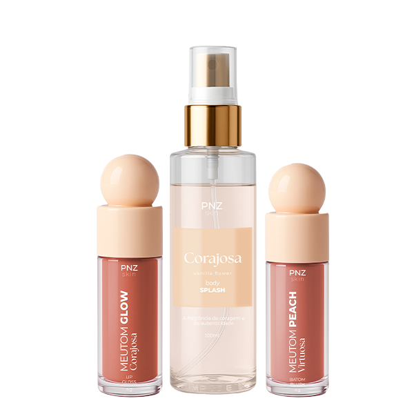 Combo Linha PNZ Skin Essencial (Corajosa/Peach)- Body Splash Corajosa - Vanilla Flower, Meutom Peach Virtuosa - Batom líquido, sombra e Blush, Meutom Glow Corajosa - Gloss Labial