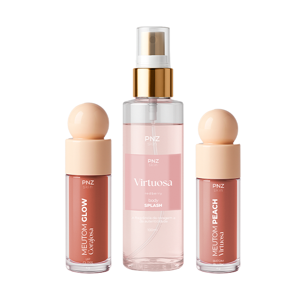 Combo Linha PNZ Skin Essencial (Virtuosa/Peach) -Body Splash Virtuosa - Redberry, Meutom Peach Virtuosa - Batom líquido, sombra e Blush, Meutom Glow Corajosa - Gloss Labial