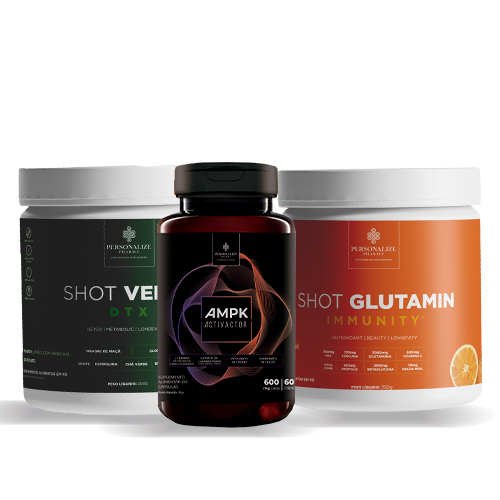 Combo 3D Power Full- AMPK, Shot Glutamin Immunity (Sabor Tangerina), Shot Verde Detox - Rende 30 dias