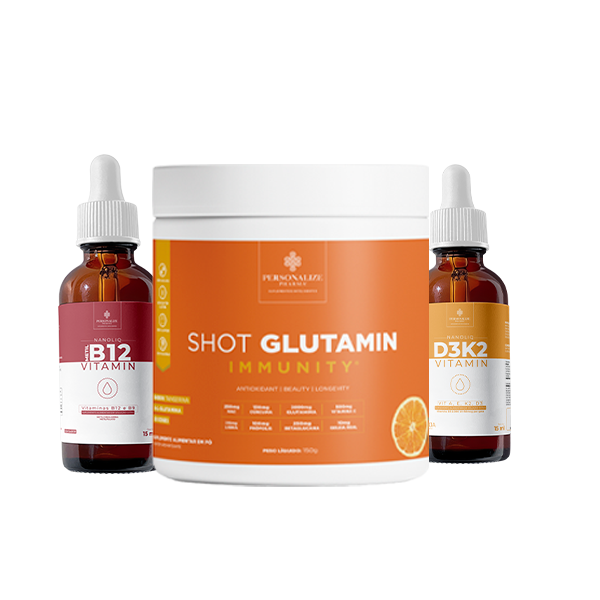 Combo Basic - Shot Glutamin Immunity Sabor Tangerina + Vitamina B12 NANOLIQ (Gotas) Sem sabor + Vitamina D3K2 NANOLIQ (Gotas) Sabor Laranja