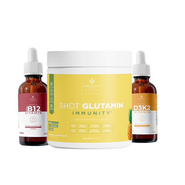 Combo Basic - Shot Glutamin Immunity Sabor Abacaxi + Vitamina B12 NANOLIQ (Gotas) Sem sabor + Vitamina D3K2 NANOLIQ (Gotas) Sabor Laranja