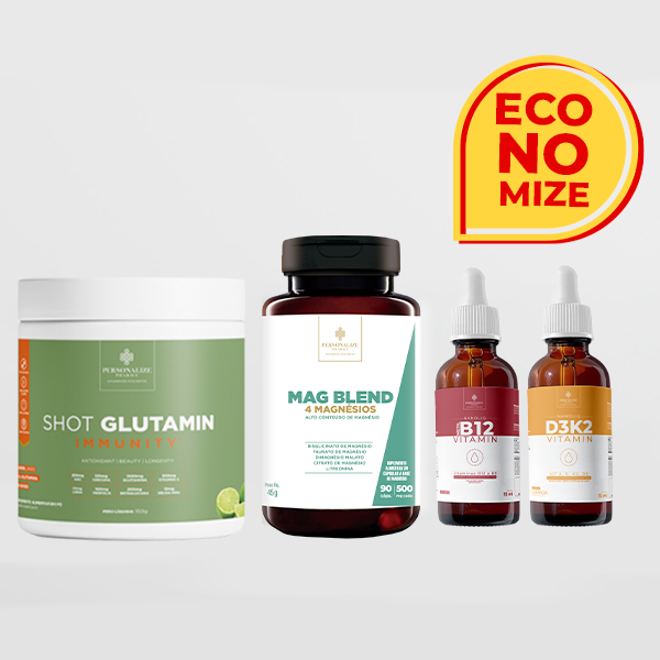 Combo Tireóide - Shot Glutamin Immunity (sabor limão) + Mag Blend + Vitamina B12 + Vitamina D3K2