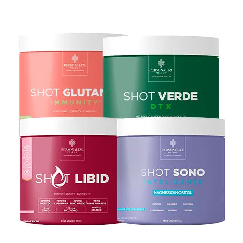 Combo Vida Abundante - Shot Glutamin Immunity (Sabor Melancia), Shot Verde Detox, Shot Libid, Shot Sono Inteligente - 150g por pote