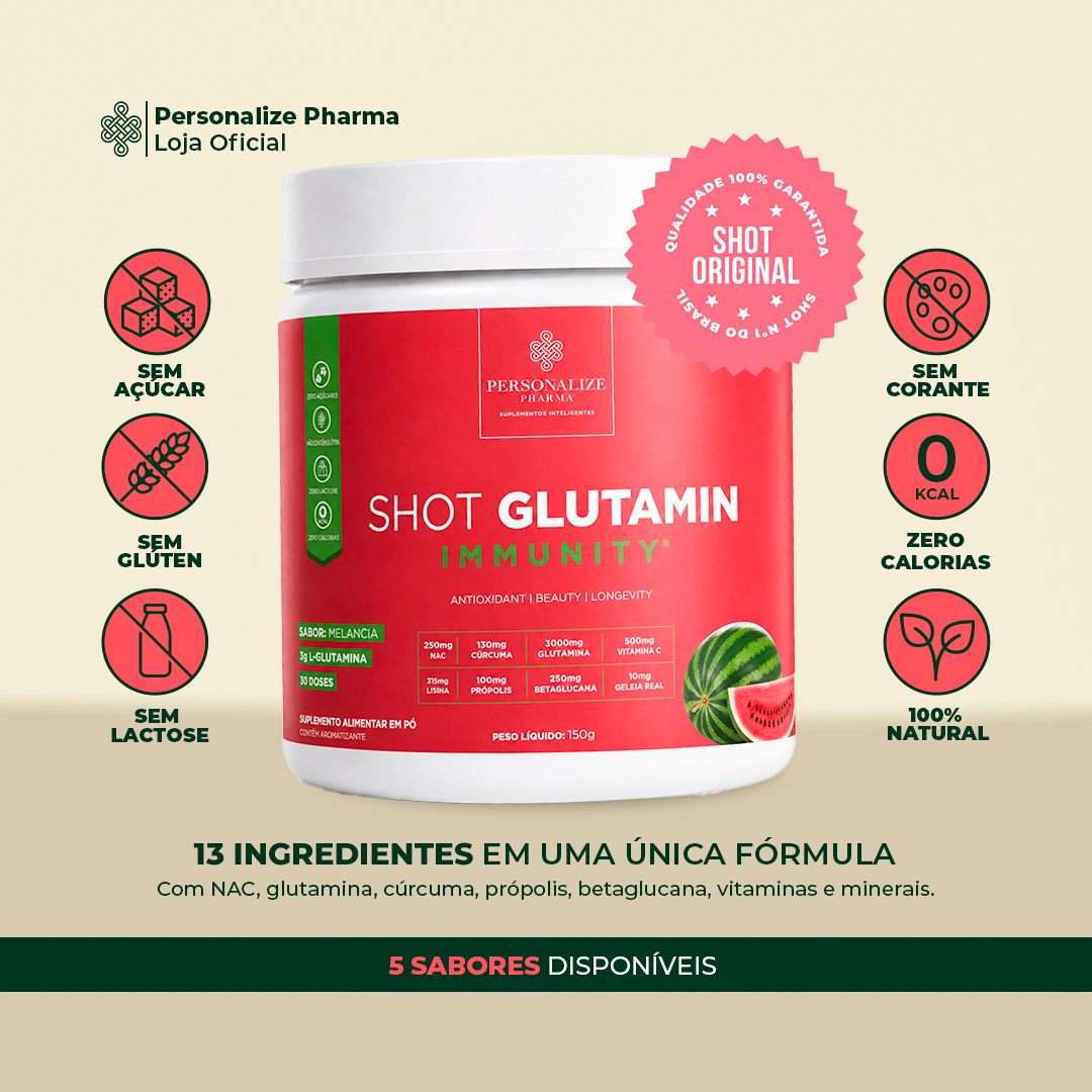 Combo 3 Shot Glutamin Immunity - 2 Unidades Sabor Melancia + 1 Unidade Sabor Limão - 150g por pote
