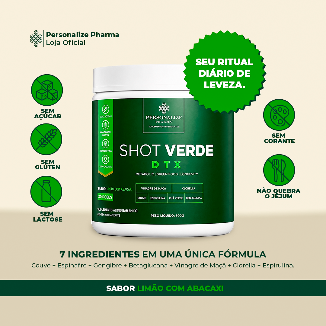 Shot Verde Detox - Sabor Limão com Abacaxi - Seu Detox mais inteligente - Rende 30 dias