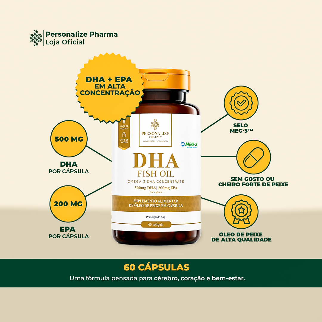 DHA ÔMEGA 3 - DHA 500mg / EPA 200mg por cápsula  60 cápsulas