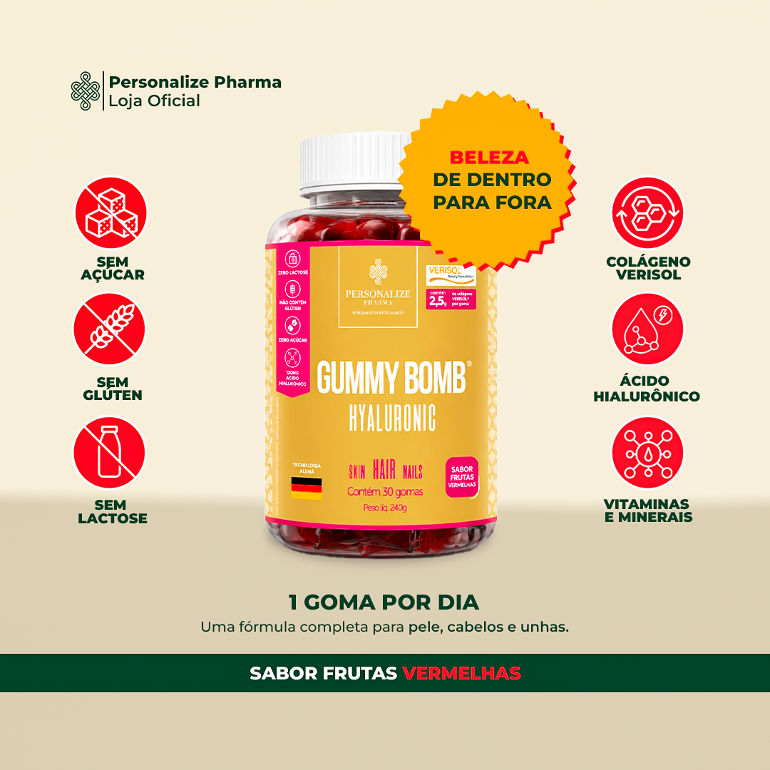 GUMMY BOMB HYALURONIC - 30 gomas -com 120mg de Ácido Hialurônico + 2,5g de Colágeno Verisol ® por goma + 100mg silício orgânico + Minerais + vitaminas
