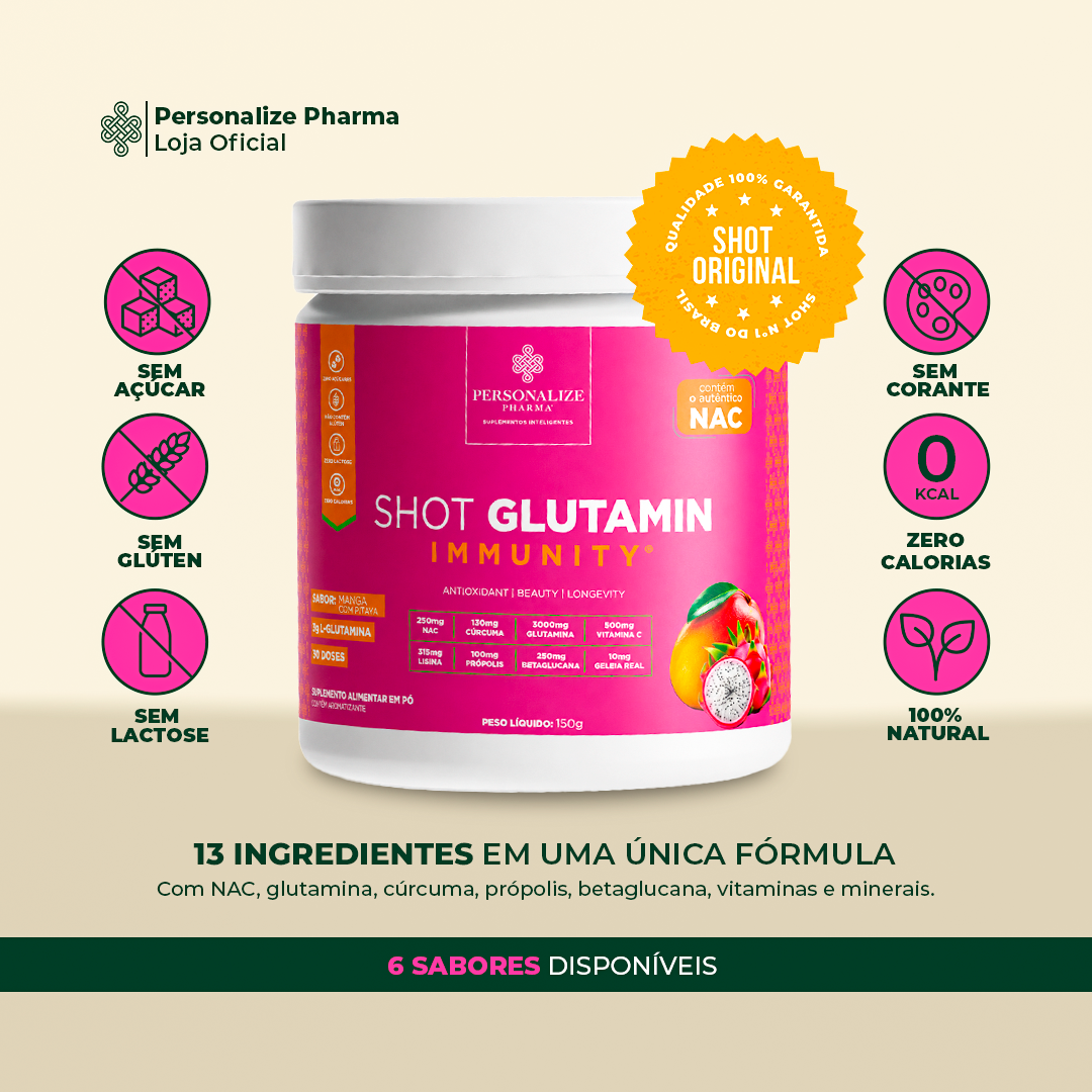 Combo 3 Shot Glutamin Immunity com NAC – 2 Unidades Manga com Pitaya + 1 Unidade Sabor Morango – 150g por pote