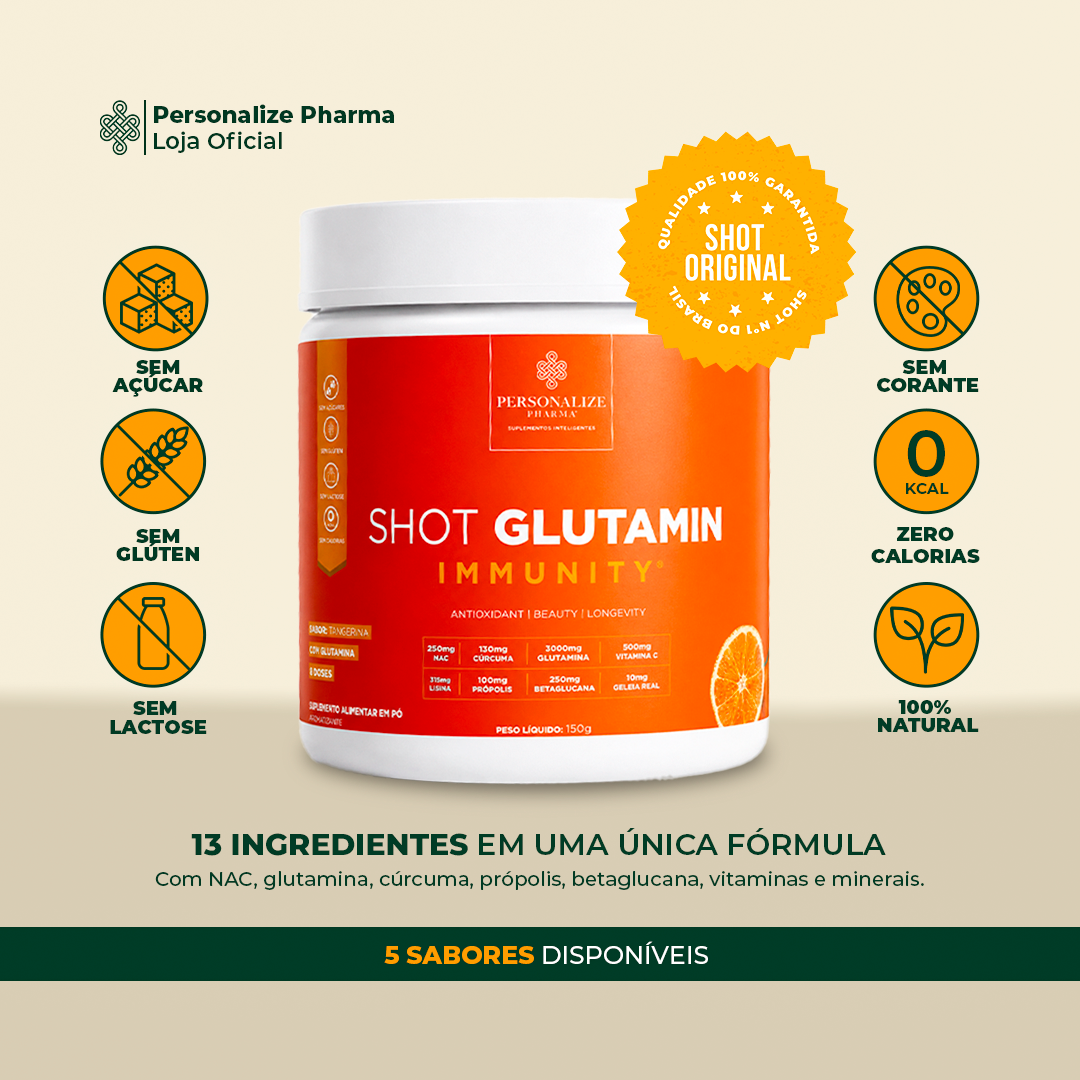 Combo 3 Shot Glutamin Immunity com NAC - 3 Unidades Sabor Tangerina - 150g por pote