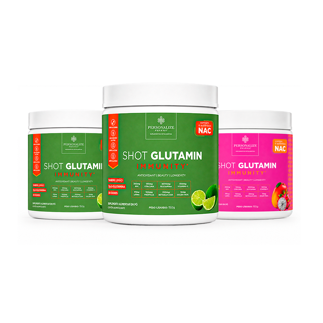Combo 3 Shot Glutamin Immunity com NAC – 2 Unidades Limão + 1 Unidade Sabor Manga com Pitaya– 150g por pote (Cópia) (Cópia) (Cópia) (Cópia)