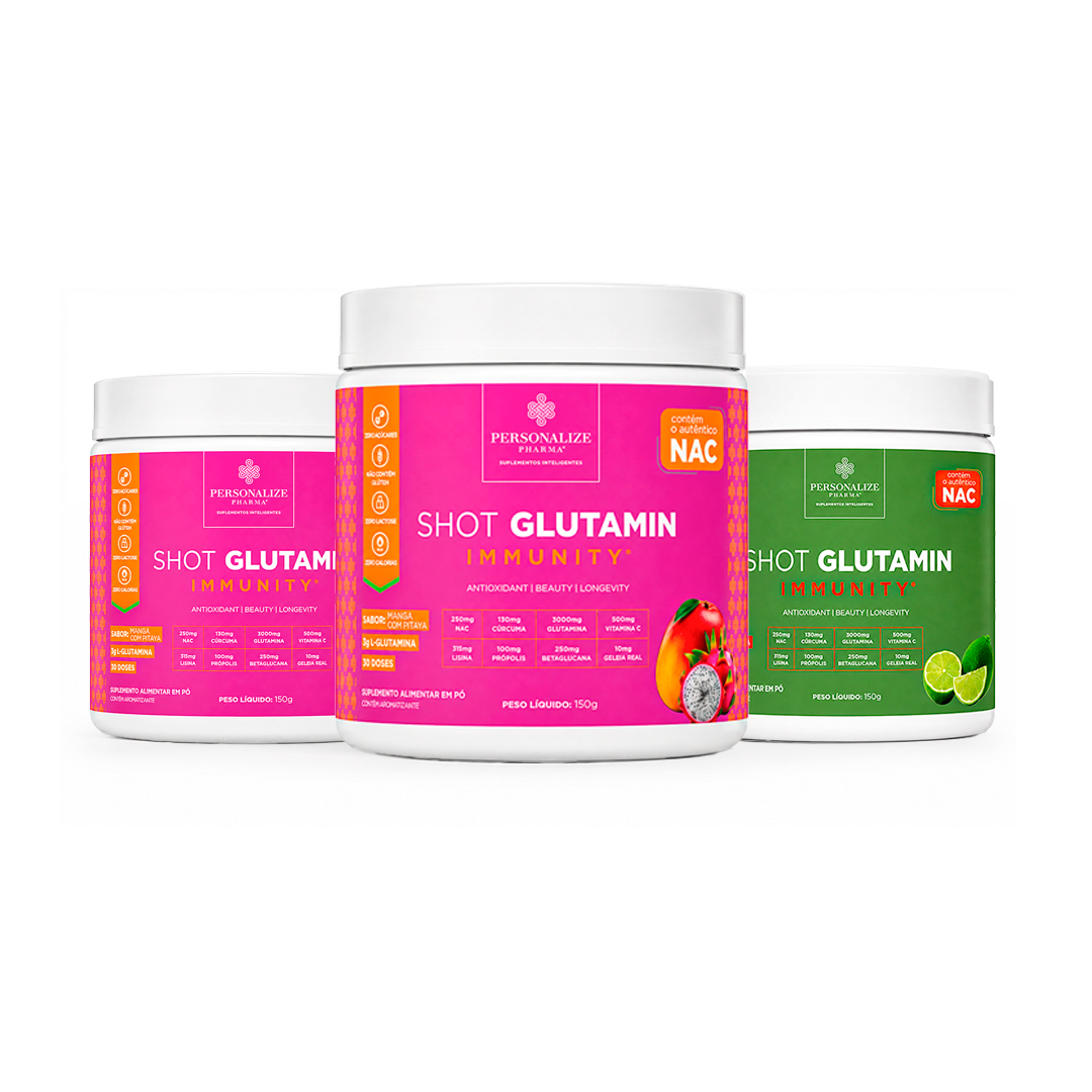 Combo 3 Shot Glutamin Immunity com NAC – 2 Unidades Manga com Pitaya + 1 Unidade Sabor Limão – 150g por pote