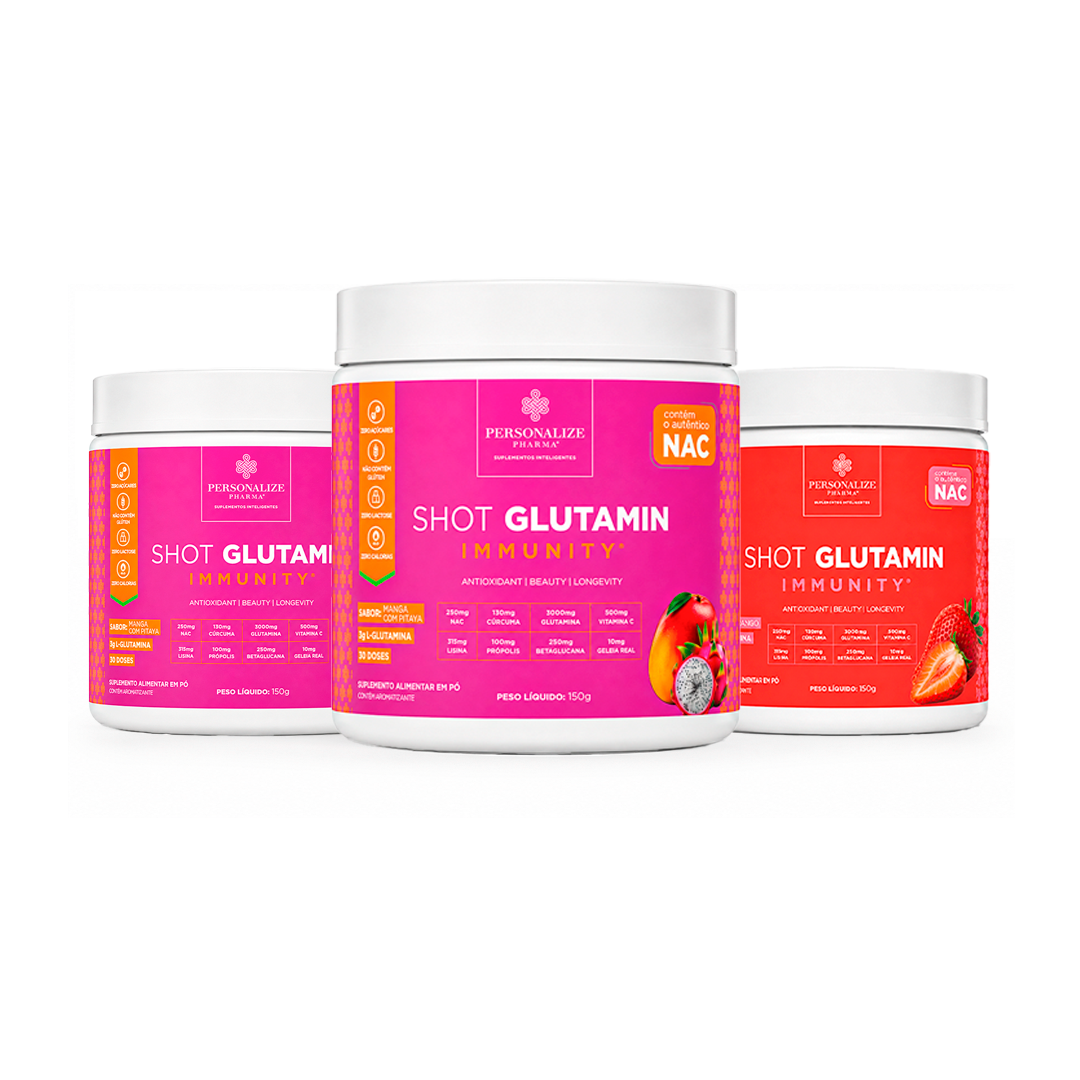 Combo 3 Shot Glutamin Immunity com NAC – 2 Unidades Manga com Pitaya + 1 Unidade Sabor Morango – 150g por pote