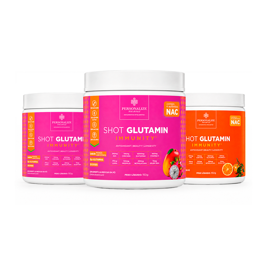 Combo 3 Shot Glutamin Immunity com NAC – 2 Unidades Manga com Pitaya + 1 Unidade Sabor Tangerina – 150g por pote