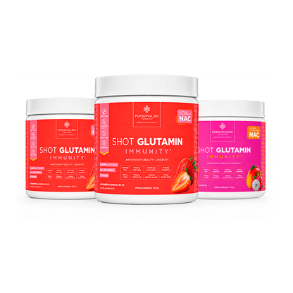 Combo 3 Shot Glutamin Immunity com NAC – 2 Unidades Morango + 1 Unidade Sabor Manga com Pitaya – 150g por pote (Cópia)