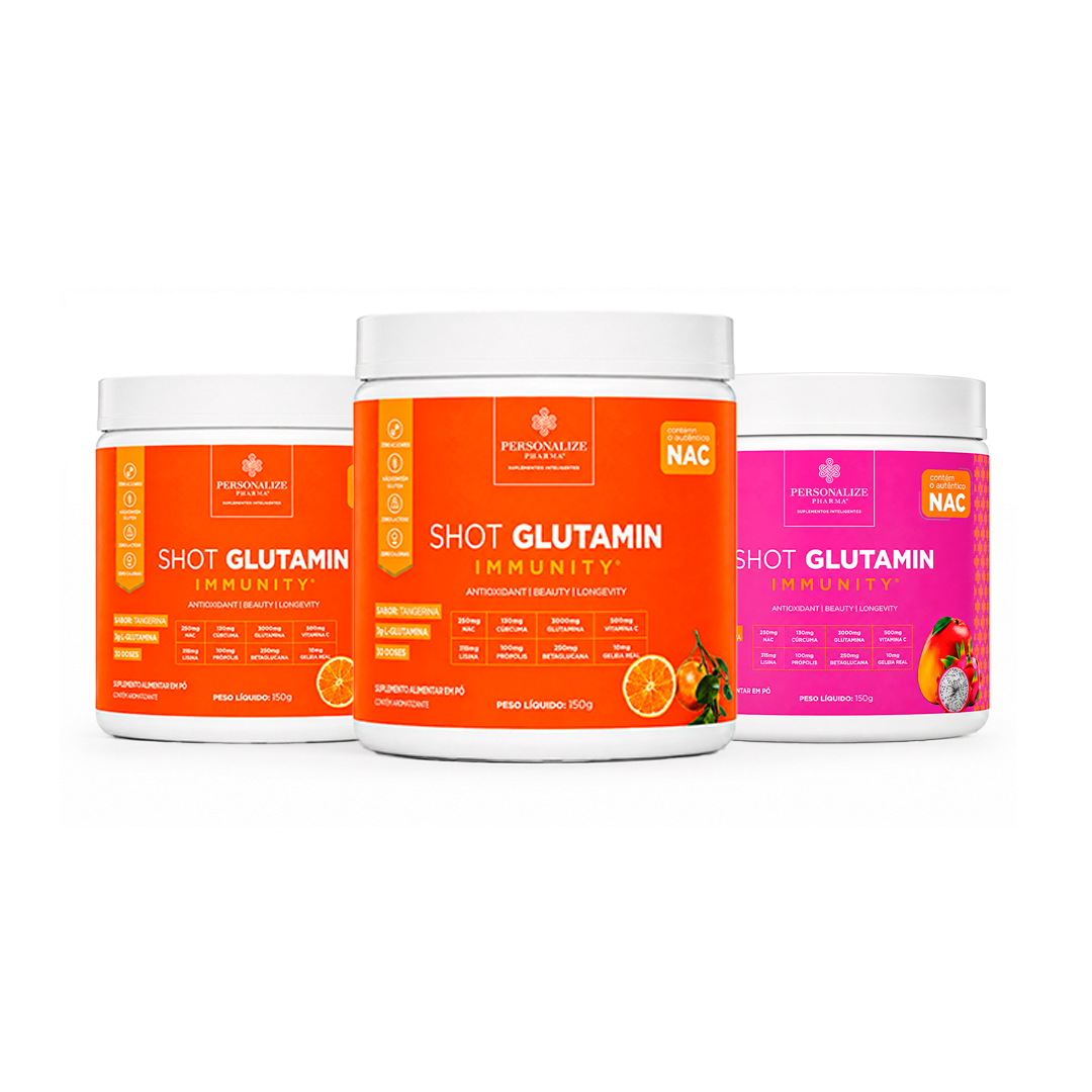 Combo 3 Shot Glutamin Immunity com NAC – 2 Unidades Tangerina + 1 Unidade Sabor Manga com Pitaya – 150g por pote (Cópia) (Cópia)
