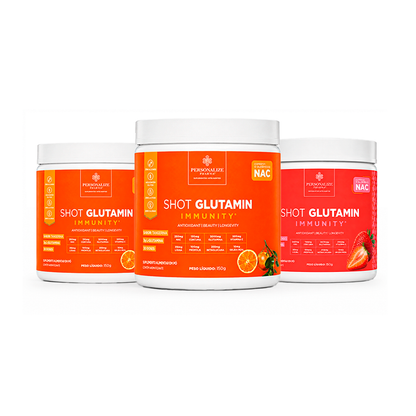 Combo 3 Shot Glutamin Immunity com NAC – 1 Unidade Sabor Morango + 2 Unidades Sabor Tangerina – 150g por pote