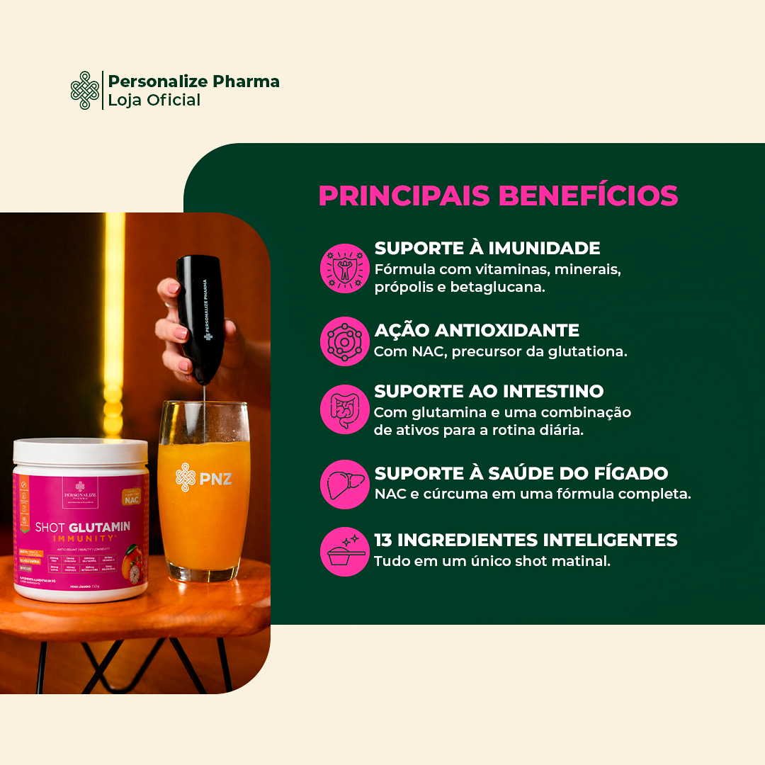 Combo 3 Shot Glutamin Immunity com NAC – 2 Unidades Manga com Pitaya + 1 Unidade Sabor Morango – 150g por pote