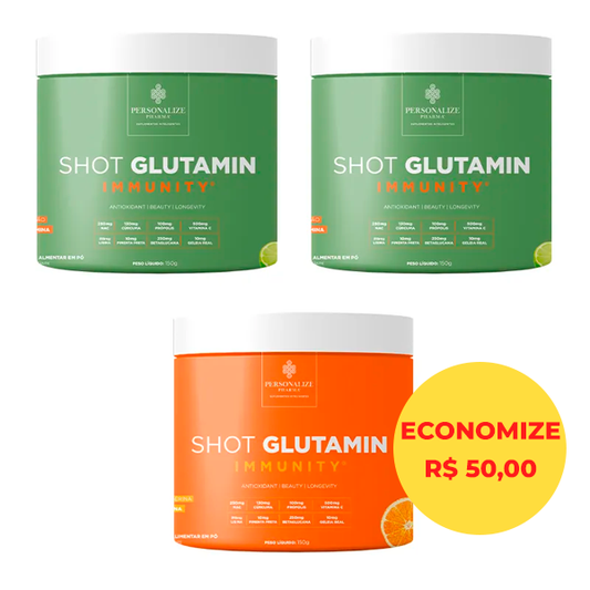 Combo 3 Shot Glutamin Immunity com NAC - 2 unidades Sabor Limão  + 1 Unidade Sabor Tangerina - Rende 90 dias