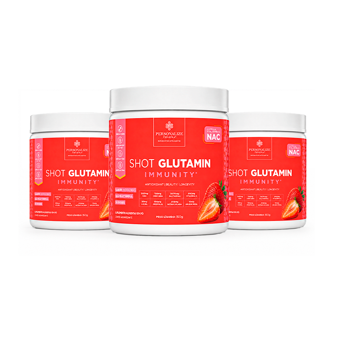 Combo 3 Shot Glutamin Immunity com NAC – 3 Unidades Sabor Morango – 150g por pote