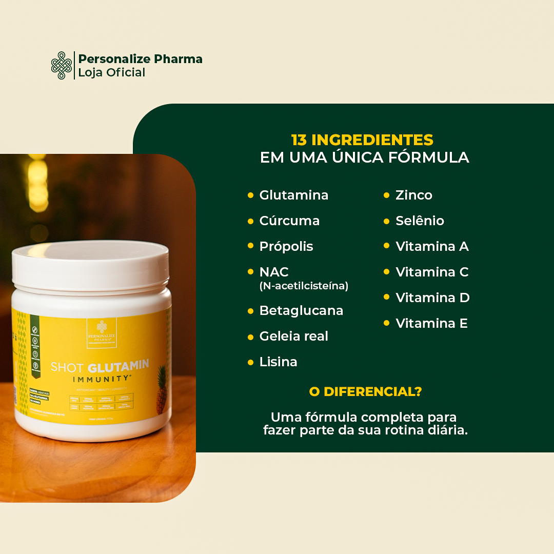 Combo 3 Shot Glutamin Immunity com NAC - 2 Unidades Sabor Abacaxi + 1 Unidade Sabor Tangerina - 150g por pote