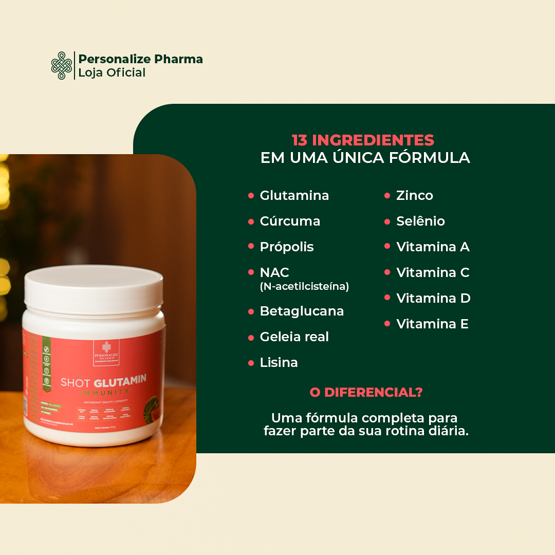 Combo 3 Shot Glutamin Immunity - 2 Unidades Sabor Melancia + 1 Unidade Sabor Limão - 150g por pote
