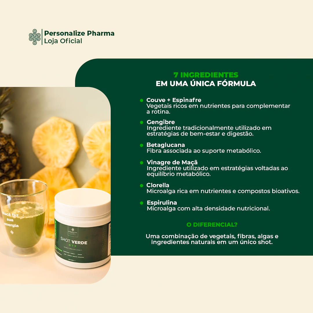 Shot Verde Detox - Sabor Limão com Abacaxi - Seu Detox mais inteligente - Rende 30 dias