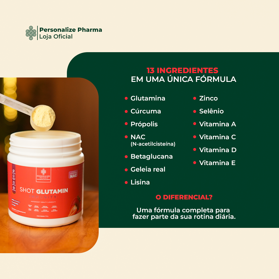 Combo 3 Shot Glutamin Immunity com NAC – 3 Unidades Sabor Morango – 150g por pote