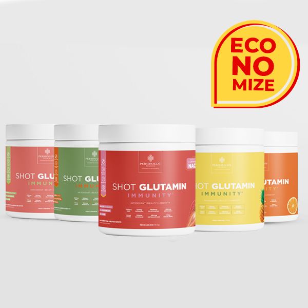 Combo 5 Shot Glutamin Immunity com NAC - 1 Unidade Sabor Limão + 1 Unidades Sabor Tangerina + 1 Unidade Sabor Abacaxi + 1 Unidade Sabor Melancia +  1 Unidade Sabor Morango- 150g por pote