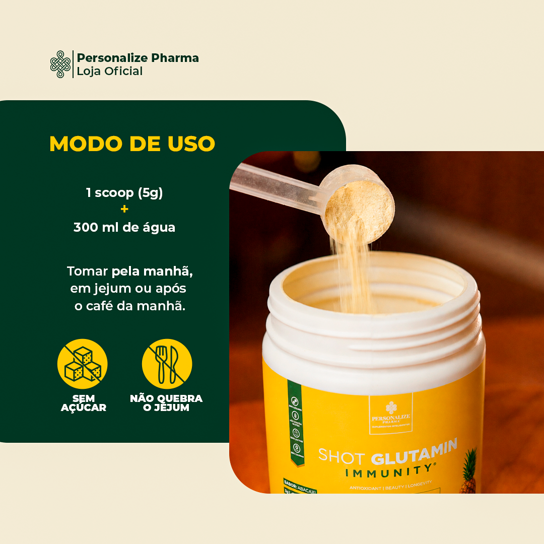 Combo 3 Shot Glutamin Immunity com NAC - 2 Unidades Sabor Abacaxi + 1 Unidade Sabor Tangerina - 150g por pote