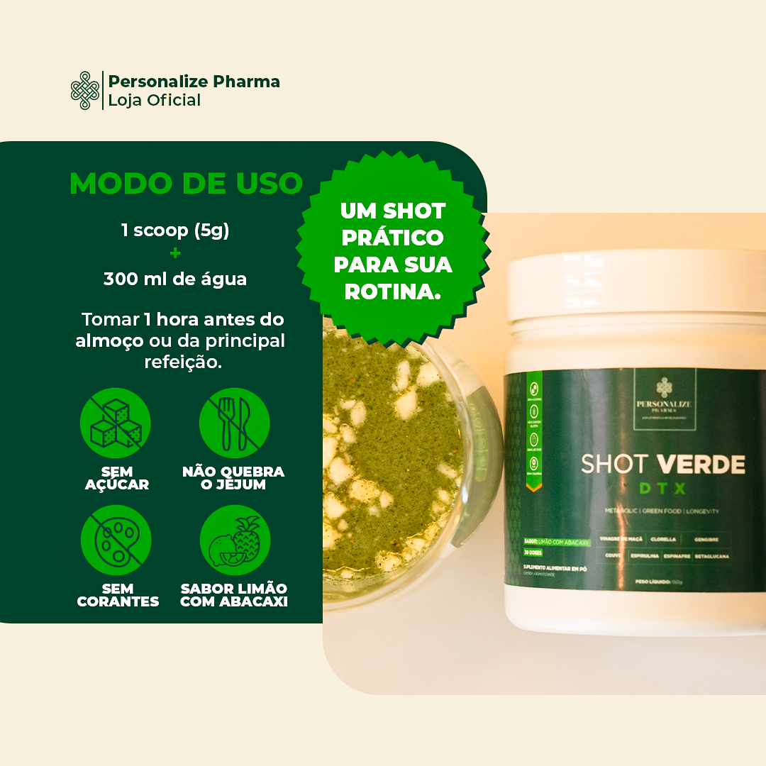 Shot Verde Detox - Sabor Limão com Abacaxi - Seu Detox mais inteligente - Rende 30 dias
