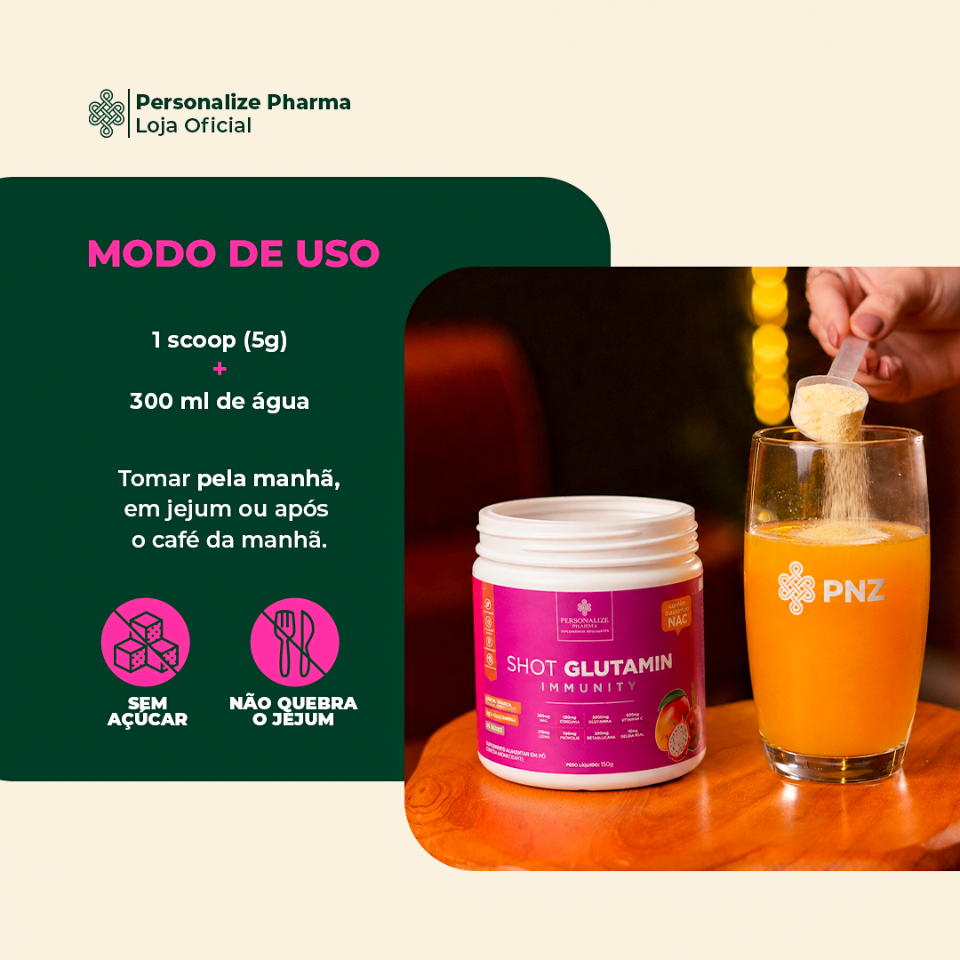 Combo 3 Shot Glutamin Immunity com NAC – 2 Unidades Manga com Pitaya + 1 Unidade Sabor Morango – 150g por pote