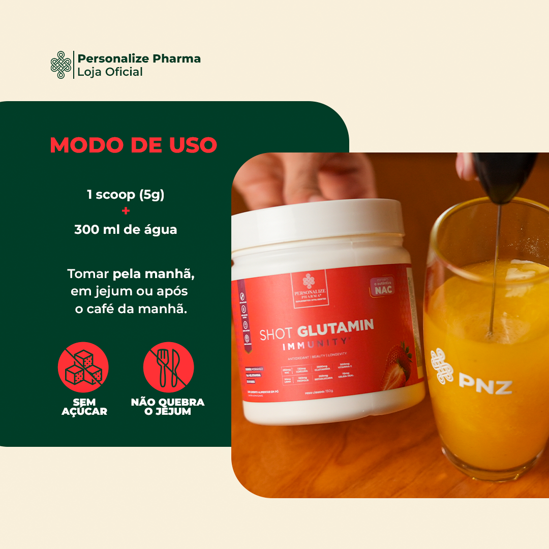 Combo 3 Shot Glutamin Immunity com NAC – 3 Unidades Sabor Morango – 150g por pote
