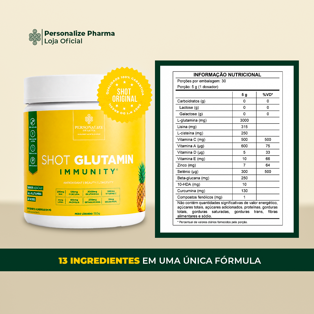 Combo 3 Shot Glutamin Immunity com NAC - 2 Unidades Sabor Abacaxi + 1 Unidade Sabor Tangerina - 150g por pote