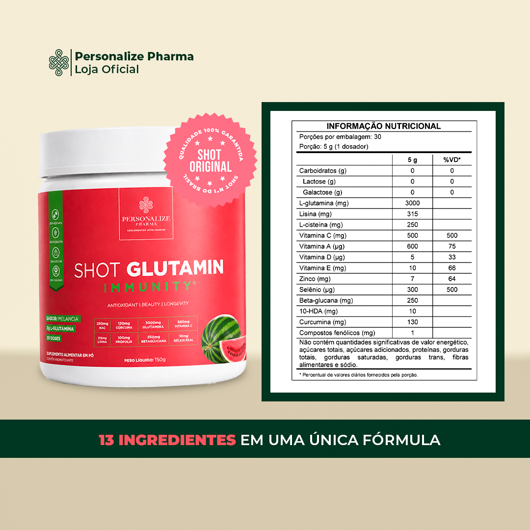 Combo 3 Shot Glutamin Immunity - 2 Unidades Sabor Melancia + 1 Unidade Sabor Limão - 150g por pote
