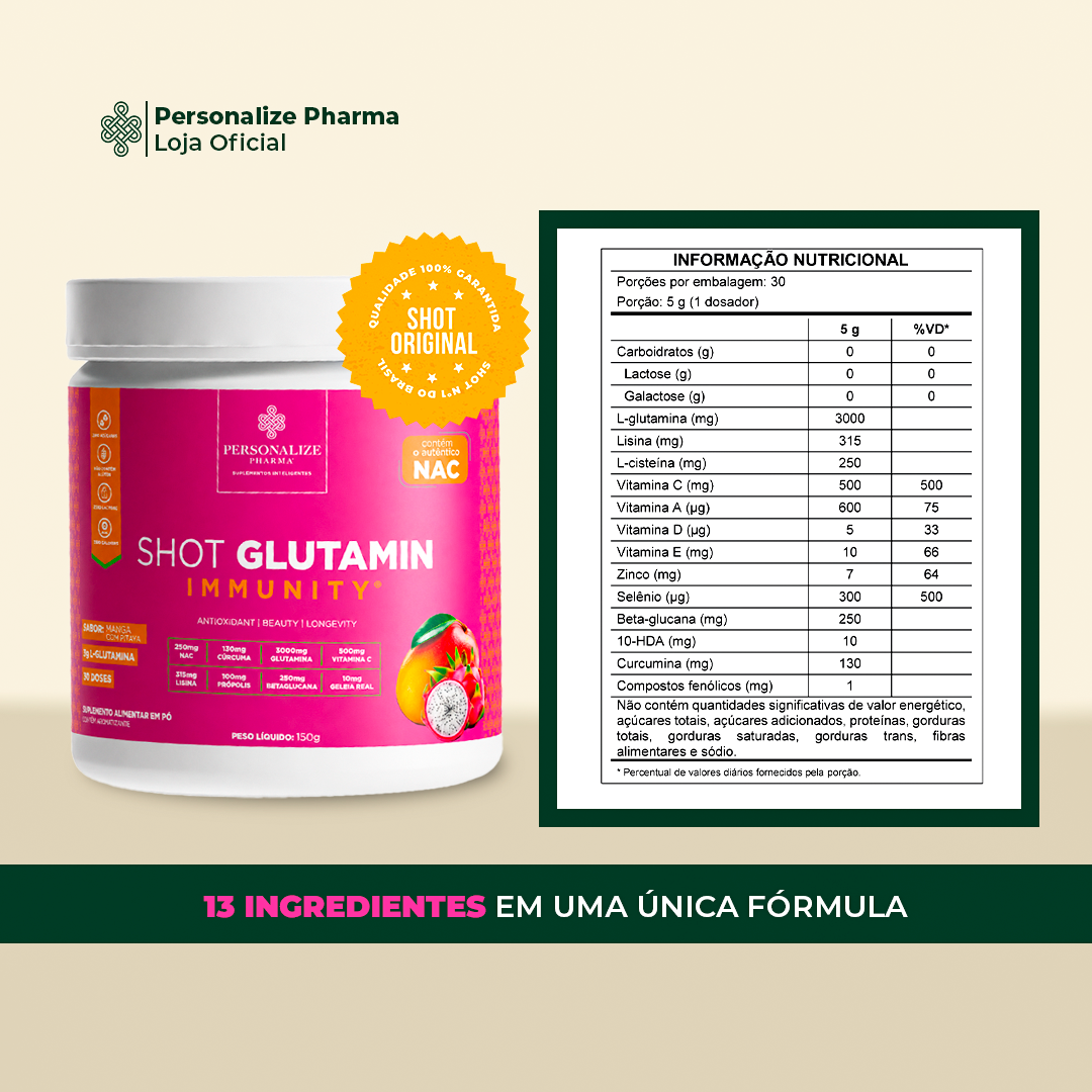 Combo 3 Shot Glutamin Immunity com NAC – 2 Unidades Manga com Pitaya + 1 Unidade Sabor Morango – 150g por pote