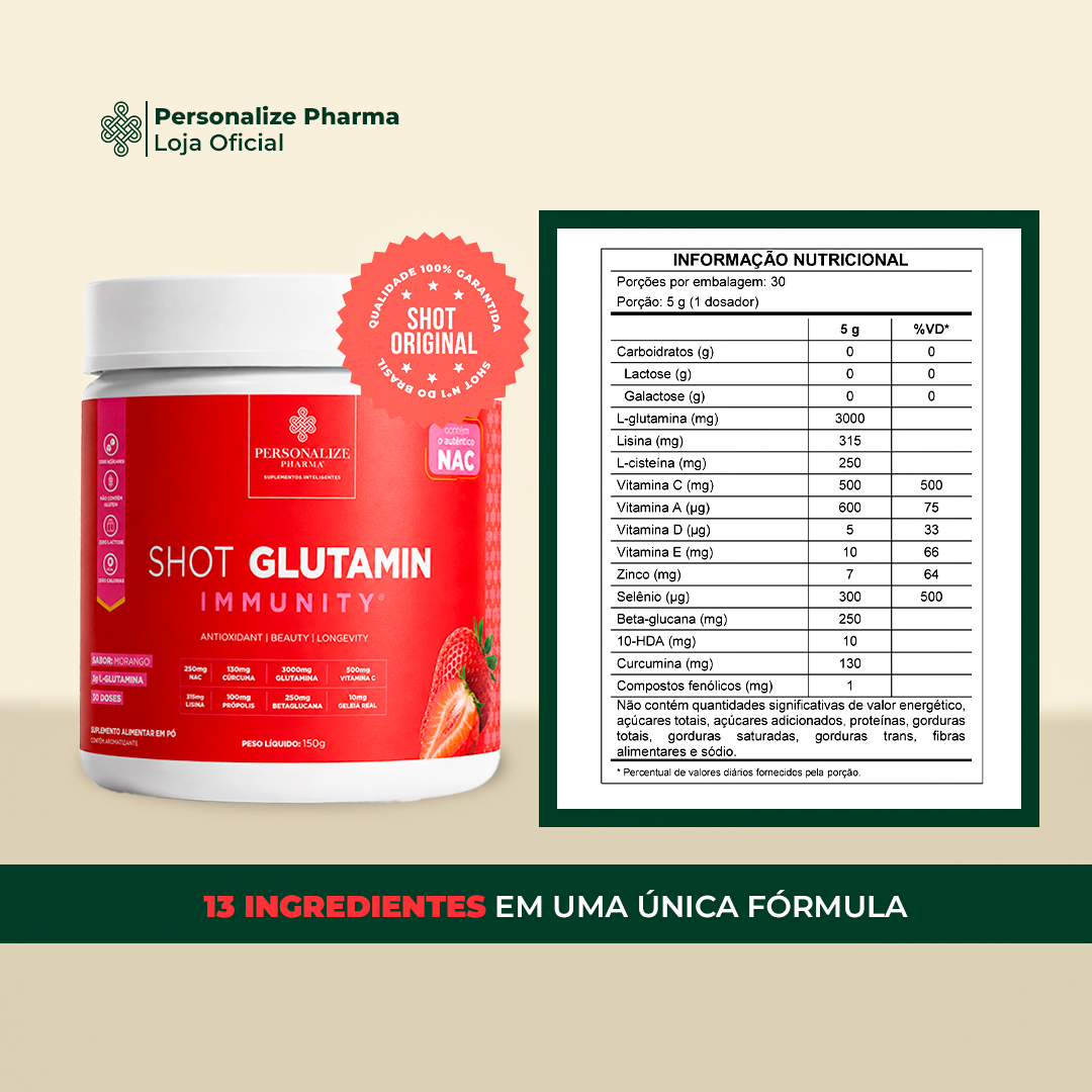 Combo Basic - Shot Glutamin Immunity Sabor Morango + Vitamina B12 NANOLIQ (Gotas) Sem sabor + Vitamina D3K2 NANOLIQ (Gotas)  Sabor Laranja