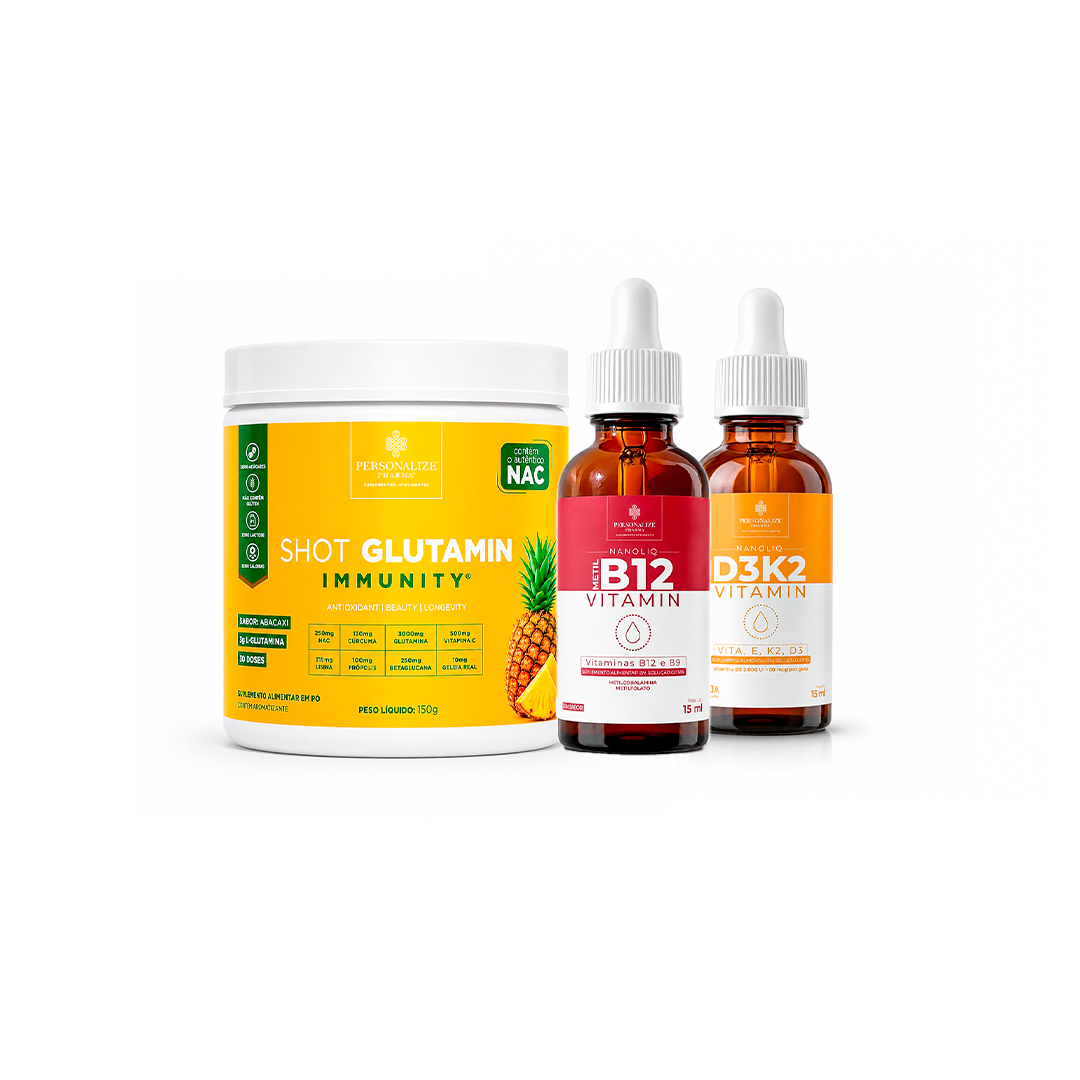 Combo Basic - Shot Glutamin Immunity Sabor Abacaxi + Vitamina B12 NANOLIQ (Gotas) Sem sabor + Vitamina D3K2 NANOLIQ (Gotas)  Sabor Laranja