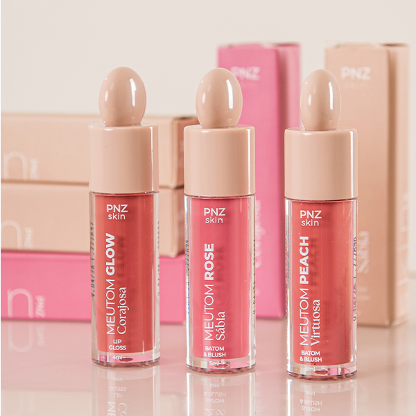 Combo 1 Meutom Glow Corajosa - Gloss Labial + 1 Meutom Rose Sábia (Batom líquido, sombra e Blush) + 1 Meutom Peach Virtuosa (Batom líquido, sombra e Blush)