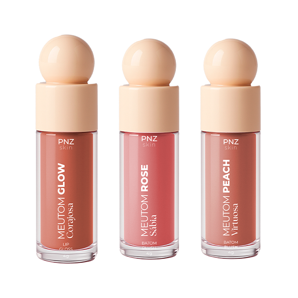 Combo 1 Meutom Glow Corajosa - Gloss Labial + 1 Meutom Rose Sábia (Batom líquido, sombra e Blush) + 1 Meutom Peach Virtuosa (Batom líquido, sombra e Blush)