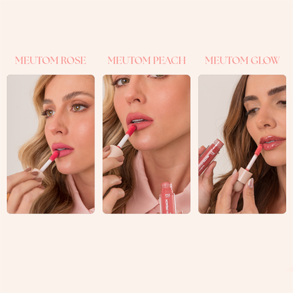 Combo 1 Meutom Glow Corajosa - Gloss Labial + 1 Meutom Rose Sábia (Batom líquido, sombra e Blush) + 1 Meutom Peach Virtuosa (Batom líquido, sombra e Blush)
