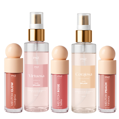 Combo Linha PNZ Skin Completo - Body Splash Corajosa -  Vanilla Flower, Body Splash Virtuosa - Redberry, Meutom Rose Sábia - Batom líquido, sombra e Blush, Meutom Peach Virtuosa -  Batom líquido, sombra e Blush, Meutom Glow Corajosa - Gloss Labial