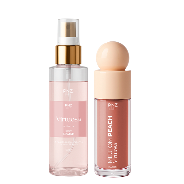 Combo Virtuosa - Body Splash Virtuosa -  Redberry + Meutom Peach Virtuosa - Batom líquido, sombra e Blush