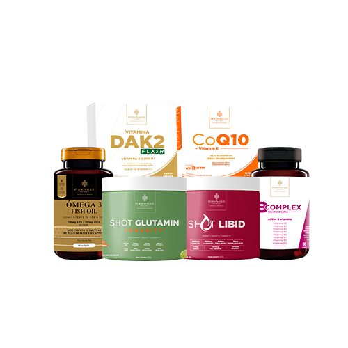 Kit Endometriose - Shot Glutamin Immunity (Sabor Limão), Coenzima Q10, Vitamina Dak 2 Flash, Shot Libid, Ômega 3 EPA