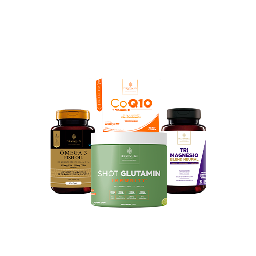 Kit Fertilidade Masculina - Shot Glutamin Immunity (Sabor Limão), Coenzima Q10, Ômega 3 EPA, Tri Magnésio