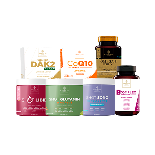 Kit Fertilidade - Shot Glutamin immunity (Sabor Limão), Coenzima Q10, Vitamina Dak2 Flash, B complex, Shot Libid, Shot Sono Inteligente, Ômega 3 EPA